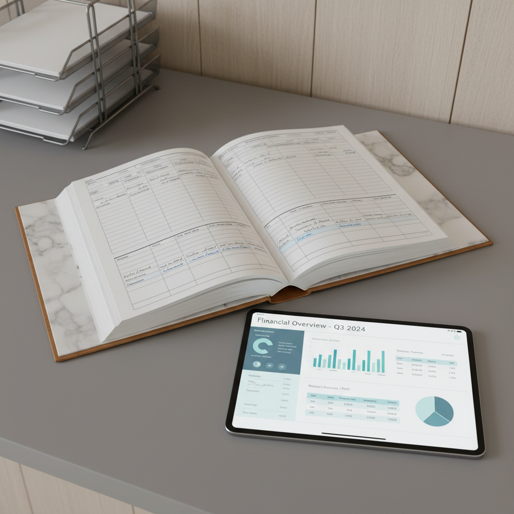 A detailed close-up of an open, marble-finished ledger book beside a digital tablet displaying a structured accounting dashboard, both set on a matte graphite desk surface. The background is intentionally blurred, offering a glimpse of orderly document trays and a neutral-toned wall panel. The composition uses focused studio lighting to create subtle highlights on textures while keeping shadows minimal and soft. Photographed from a top-down perspective with strong lines guiding the eye, the mood is precise and analytical, designed for a clean, structured, photographic style reflecting business efficiency.