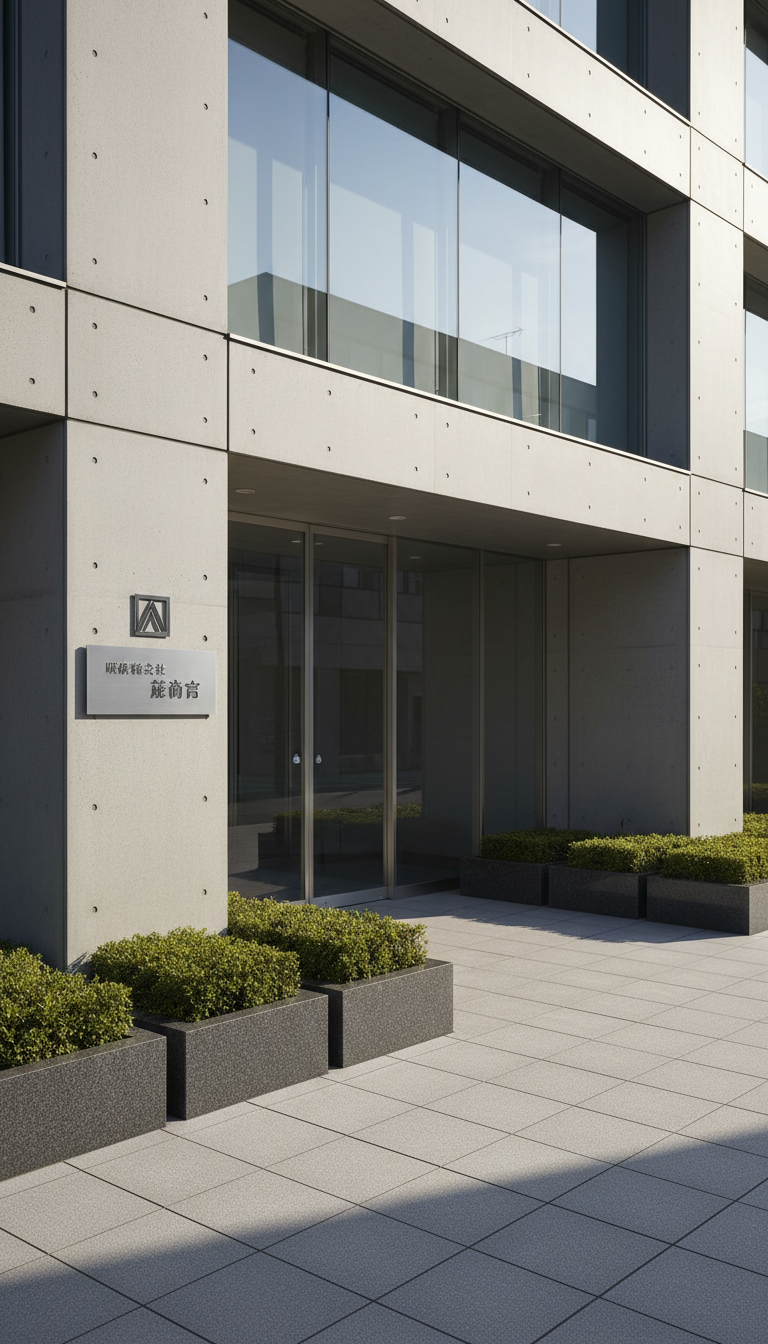 A sleek, modern real estate office façade constructed from brushed concrete and glass panels, featuring a minimalist logo plaque for "有限会社藍商事" mounted beside a glass double-door entry. The facade is framed by low, carefully manicured shrubs set in rectangular planters along a granite walkway. Soft, diffused afternoon daylight bathes the exterior, casting gentle, elongated shadows and accentuating the neutral color palette. Photographed from a wide, eye-level perspective to capture the balanced, professional composition. The atmosphere is calm, structured, and inviting, embodying a clean, corporate photographic realism suited to a high-end business website.