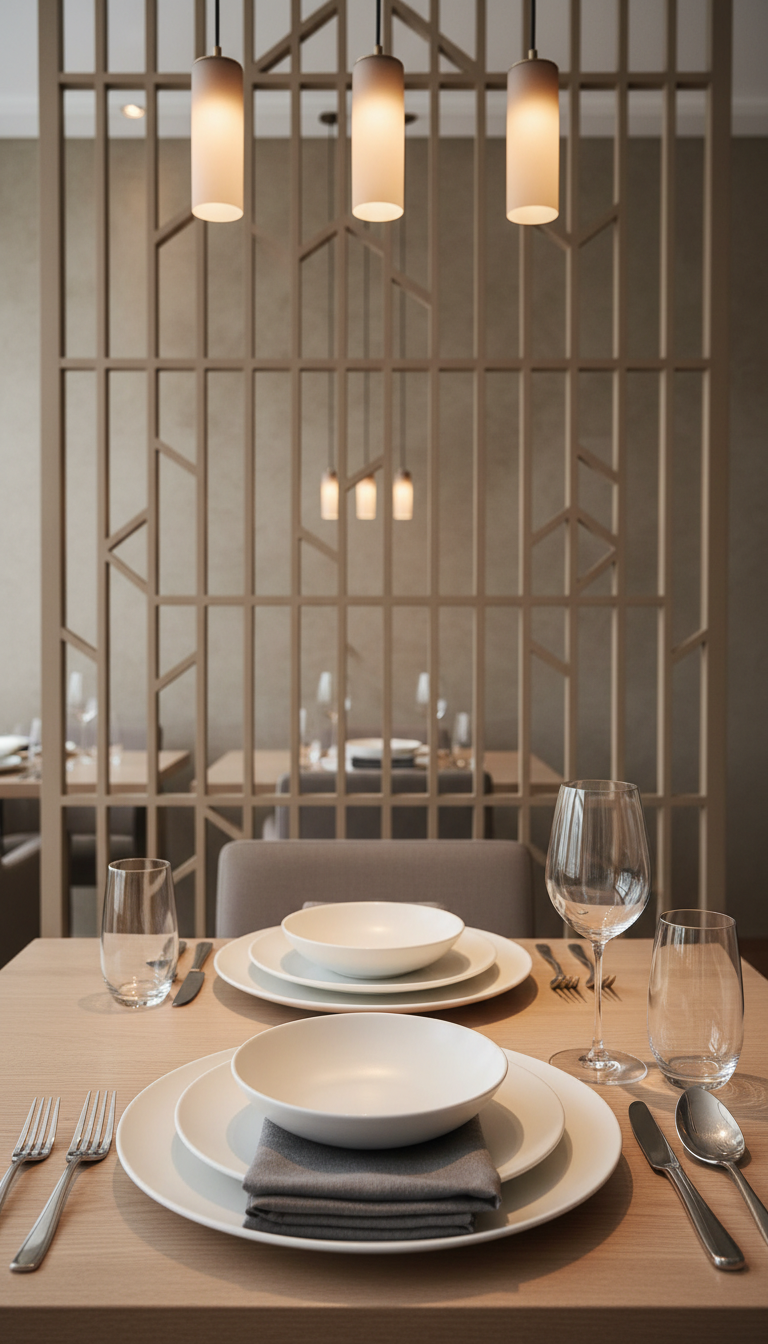 An elegant restaurant interior showcased with a neatly set table, featuring a set of matte white porcelain dishes, brushed stainless steel utensils, and crisp grey linen napkins. The table is centered near a geometric lattice screen in soft taupe, separating the dining area from a neutral-toned wall. Warm, diffused pendant lighting above the table creates soft highlights and discreet shadows. Photographed at eye-level with symmetrical balance and slight depth of field, the composition is both inviting and formal, harmonizing with the site's professional, clean photographic aesthetic.