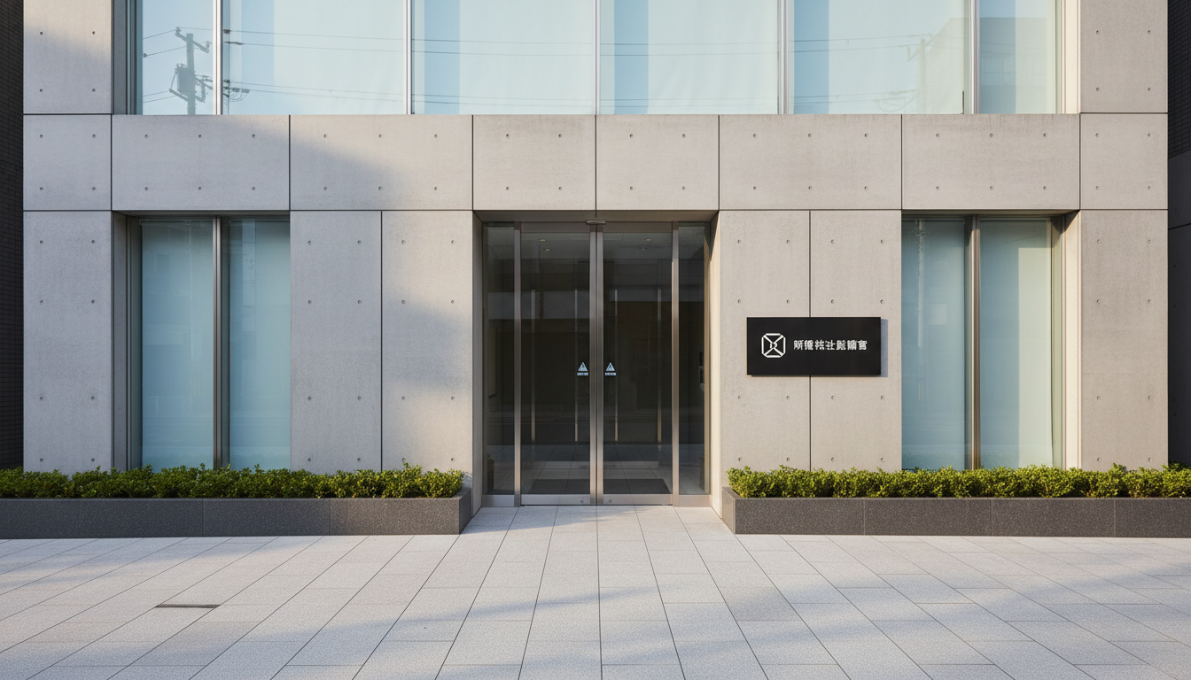 A sleek, modern real estate office façade constructed from brushed concrete and glass panels, featuring a minimalist logo plaque for "有限会社藍商事" mounted beside a glass double-door entry. The facade is framed by low, carefully manicured shrubs set in rectangular planters along a granite walkway. Soft, diffused afternoon daylight bathes the exterior, casting gentle, elongated shadows and accentuating the neutral color palette. Photographed from a wide, eye-level perspective to capture the balanced, professional composition. The atmosphere is calm, structured, and inviting, embodying a clean, corporate photographic realism suited to a high-end business website.