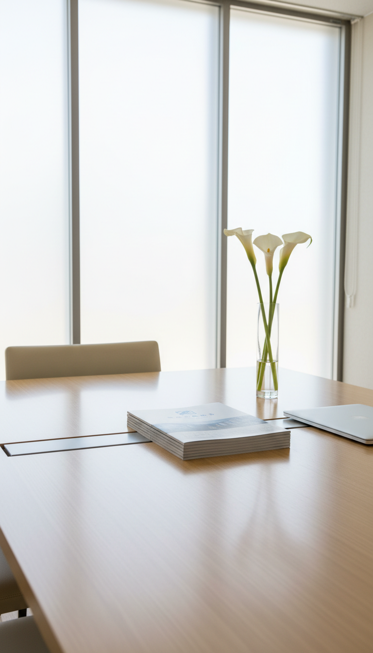 A pristine, uncluttered conference room table made of pale wood with crisp, clean edges, surface reflecting light from a large frosted window. On the table sits a neat stack of property brochures with subtle "有限会社藍商事" branding, beside a slim metallic laptop, and a single vase holding white calla lilies. The scene is illuminated by soft daylight filtered through translucent blinds, creating a serene and professional mood. Captured from a slightly elevated angle focusing on the balanced and spacious layout, all details are sharply rendered for a modern, photographic, corporate aesthetic.