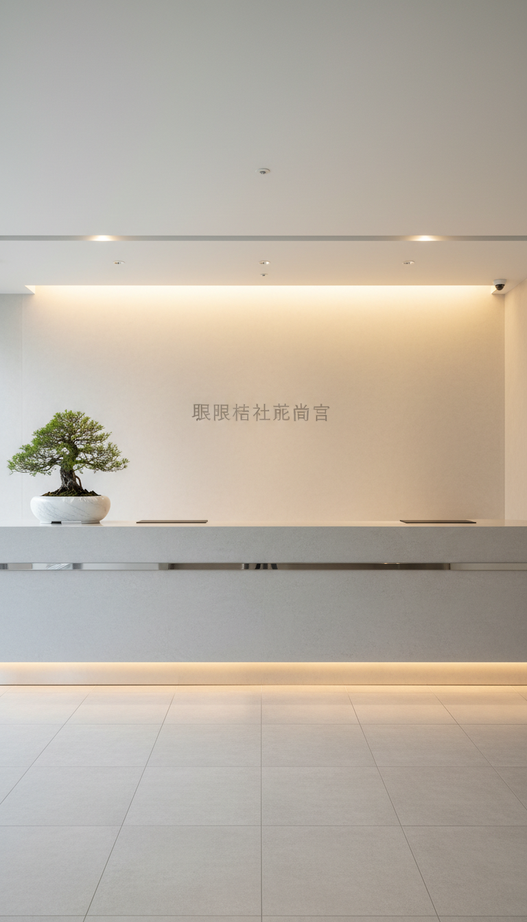 A minimalist hotel lobby space featuring a smooth stone reception counter with understated chrome accents, positioned against a textured neutral wall with subtle branding for "有限会社藍商事". A single, polished bonsai tree in a marble planter provides an organic touch atop the counter. Gentle, indirect ceiling lighting casts a controlled, even glow across the room, lending a tranquil yet upscale ambiance. Shot from a wide-angle, straight-on composition with sharp focus, the scene echoes professionalism and conveys a luxurious, corporate photographic realism.